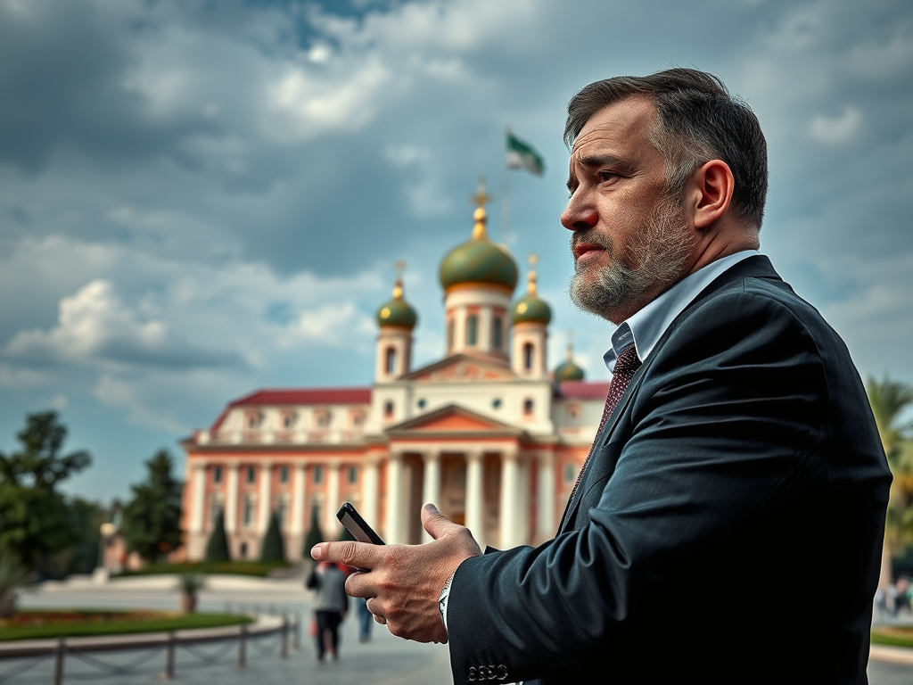 На фоне исторического здания мужчина в костюме смотрит вдаль, держа в руках телефон. Небо облачное.