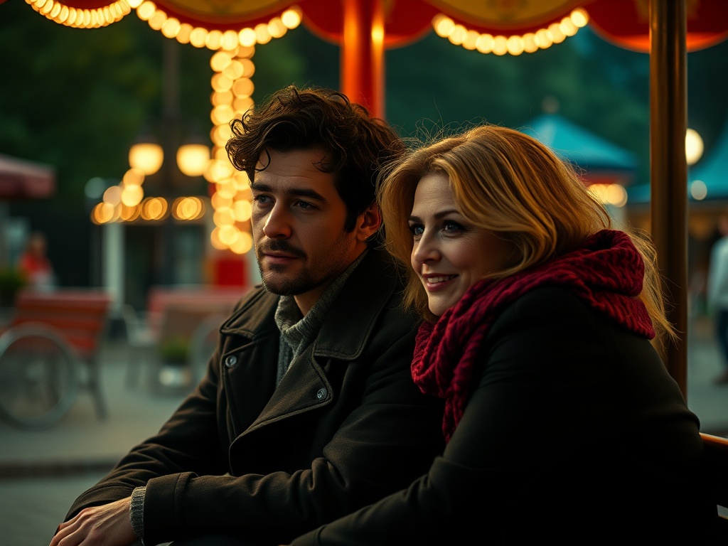 Молодая пара сидит в парке, окруженная огнями, выглядит счастливо и комфортно вместе.
