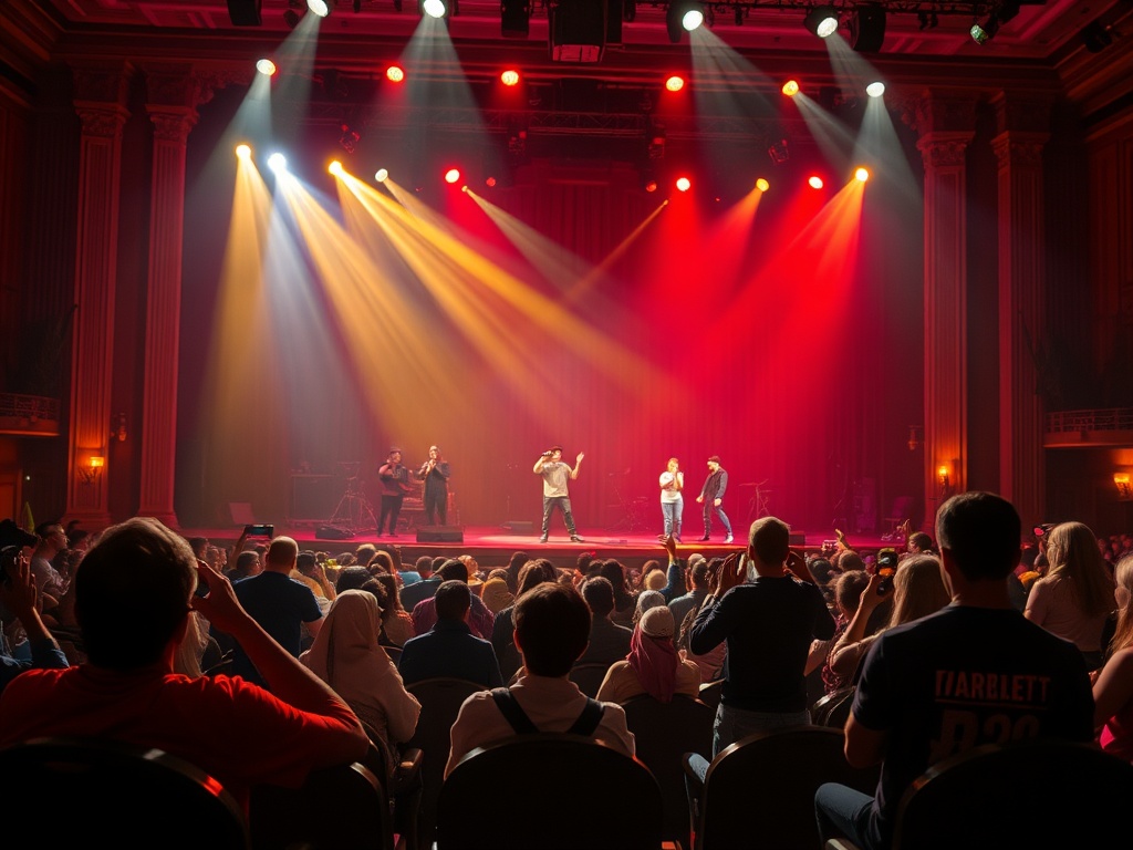 На сцене выступают исполнители, зрители снимают их на телефоны, зал освещён яркими огнями.